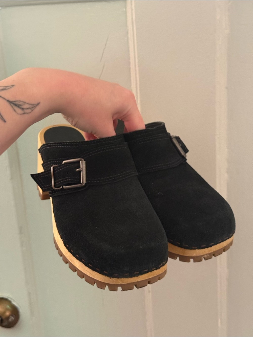 Black Suede Square Toe Clogs with Buckle